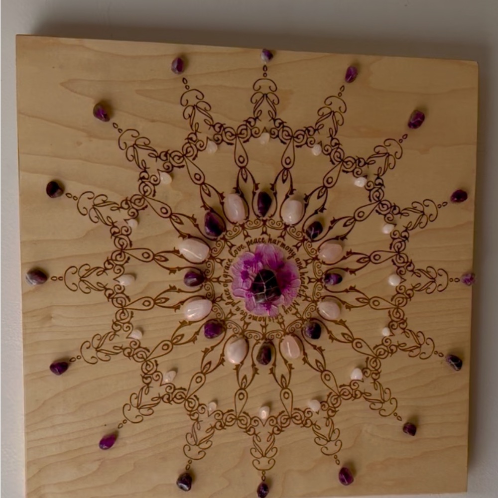 Mandala Art on Wood with Amethyst and RoseQuartz Gemstones